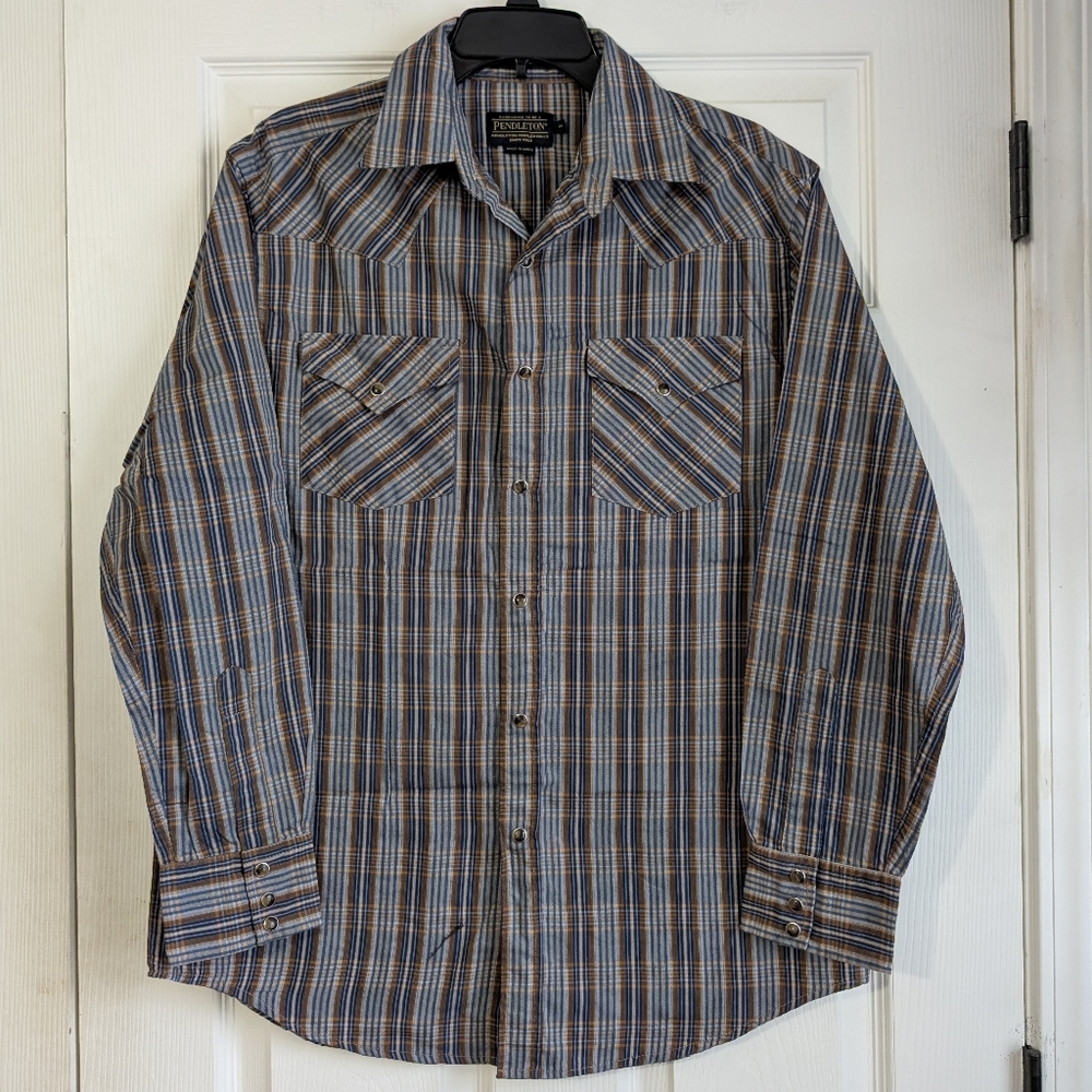 Pendleton Frontier Men's Blue Plaid Pearl Snap Shirt Size M
